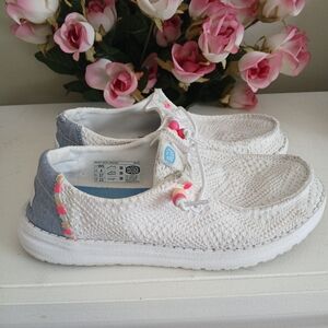 Hey Dude White and Gray Women's Flats BEEN USED one Has Chewed Spot On Back